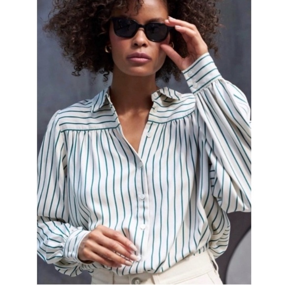 AYR 100% Silk Stripe Shirt Button Up Collared Long Sleeve Blouse Classic Green M - Picture 1 of 14